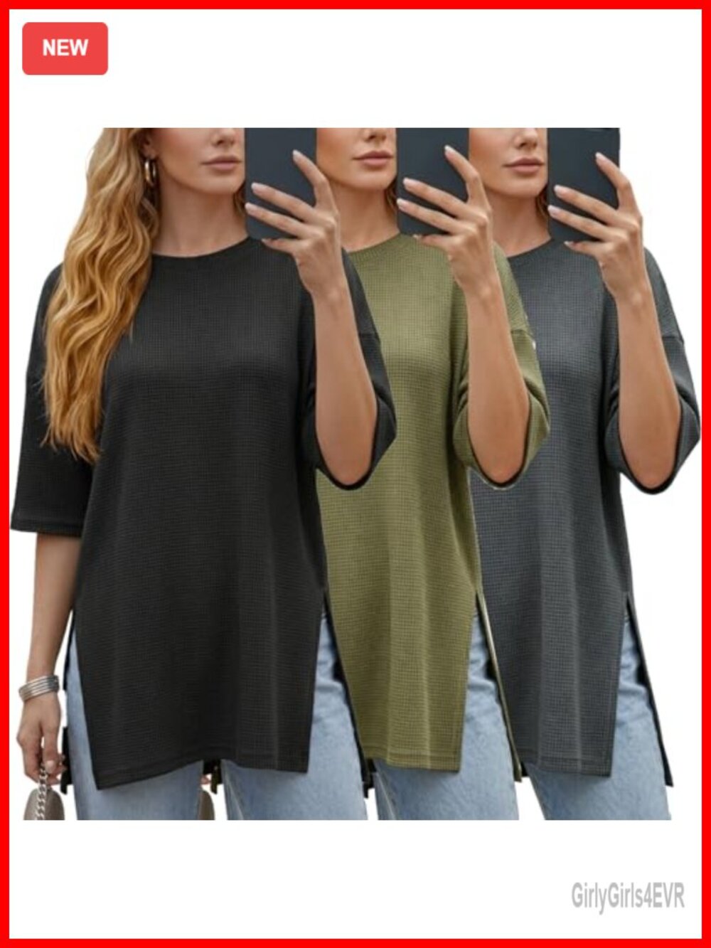 Waffle Knit Oversized T Shirt Short Sleeve Side Split Summer Workout Tee